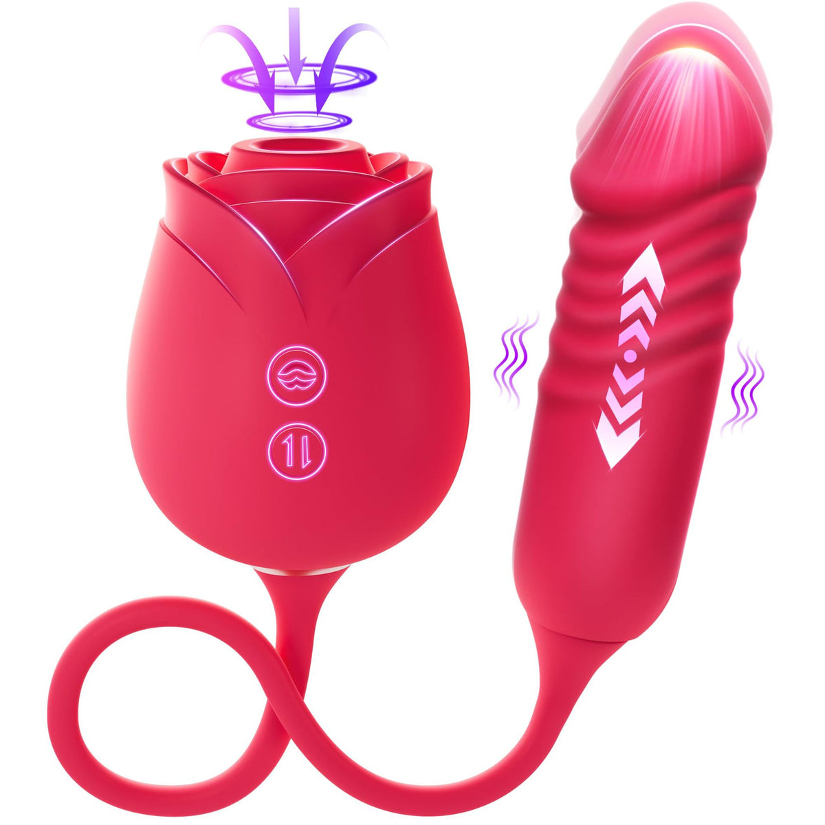Red dual massager with a rose-shaped suction head and ribbed internal arm joined by a flexible cable.