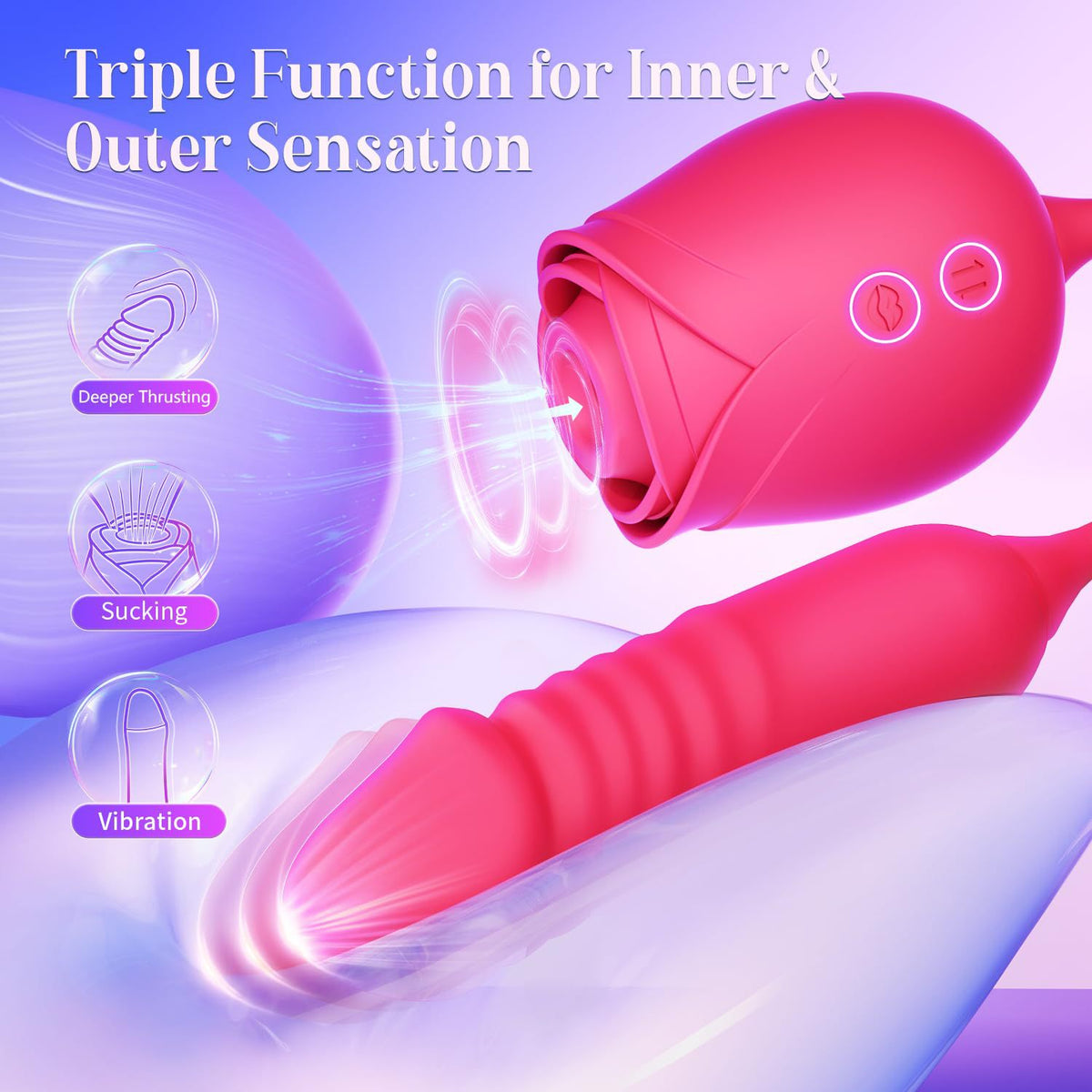 Feature graphic showing suction, vibration and thrusting functions of the red dual massager.