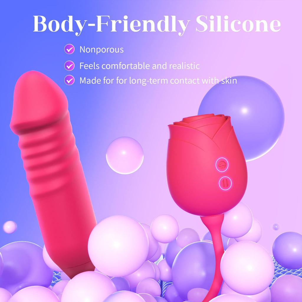 Silicone material feature graphic showing both parts of the red dual massager.