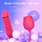 Silicone material feature graphic showing both parts of the red dual massager.