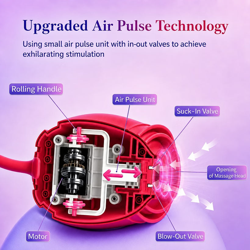 Supplier cutaway illustration showing the motor, air-pulse unit and valves inside the rose-shaped head.