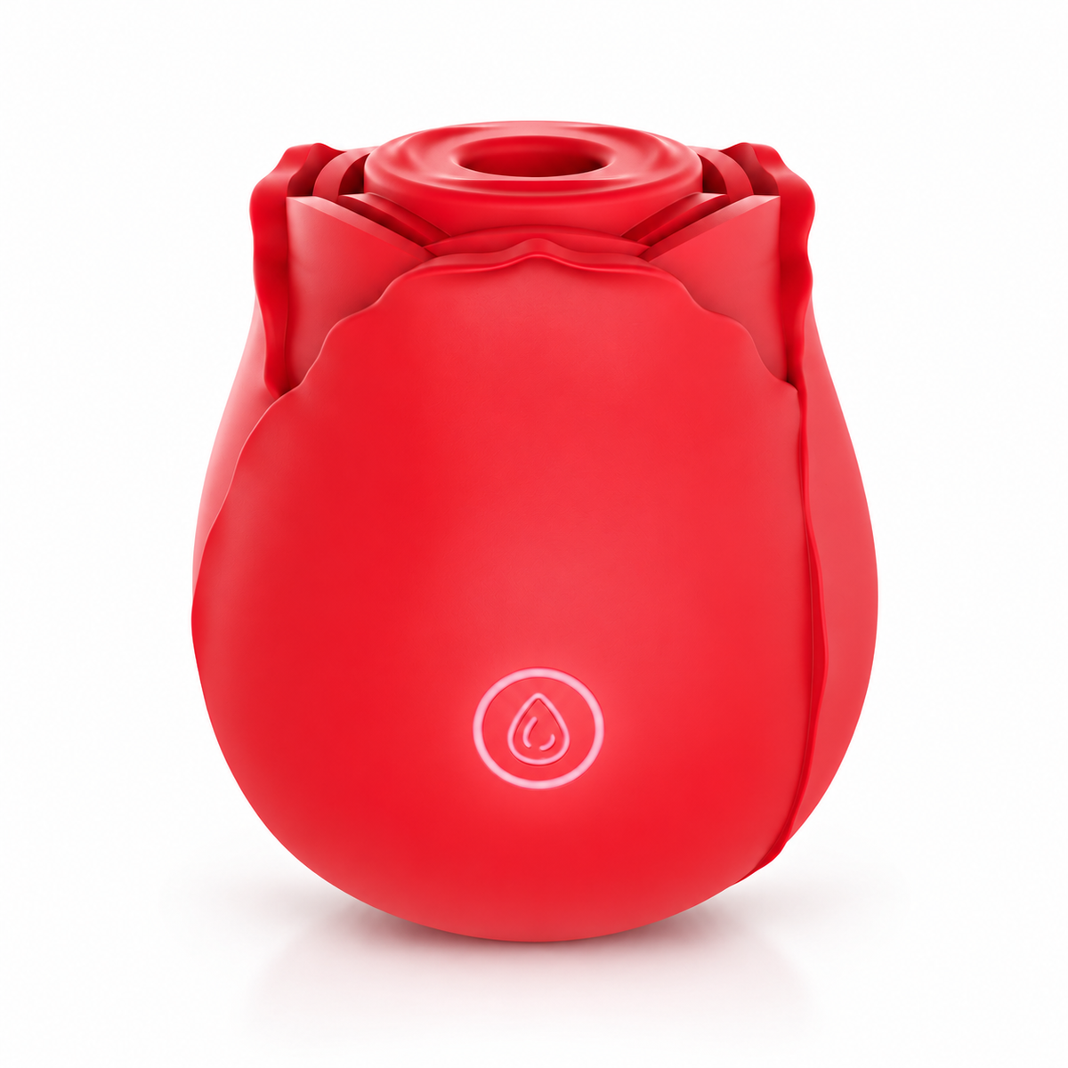Red rose-shaped silicone facial cleanser device with a water drop icon.