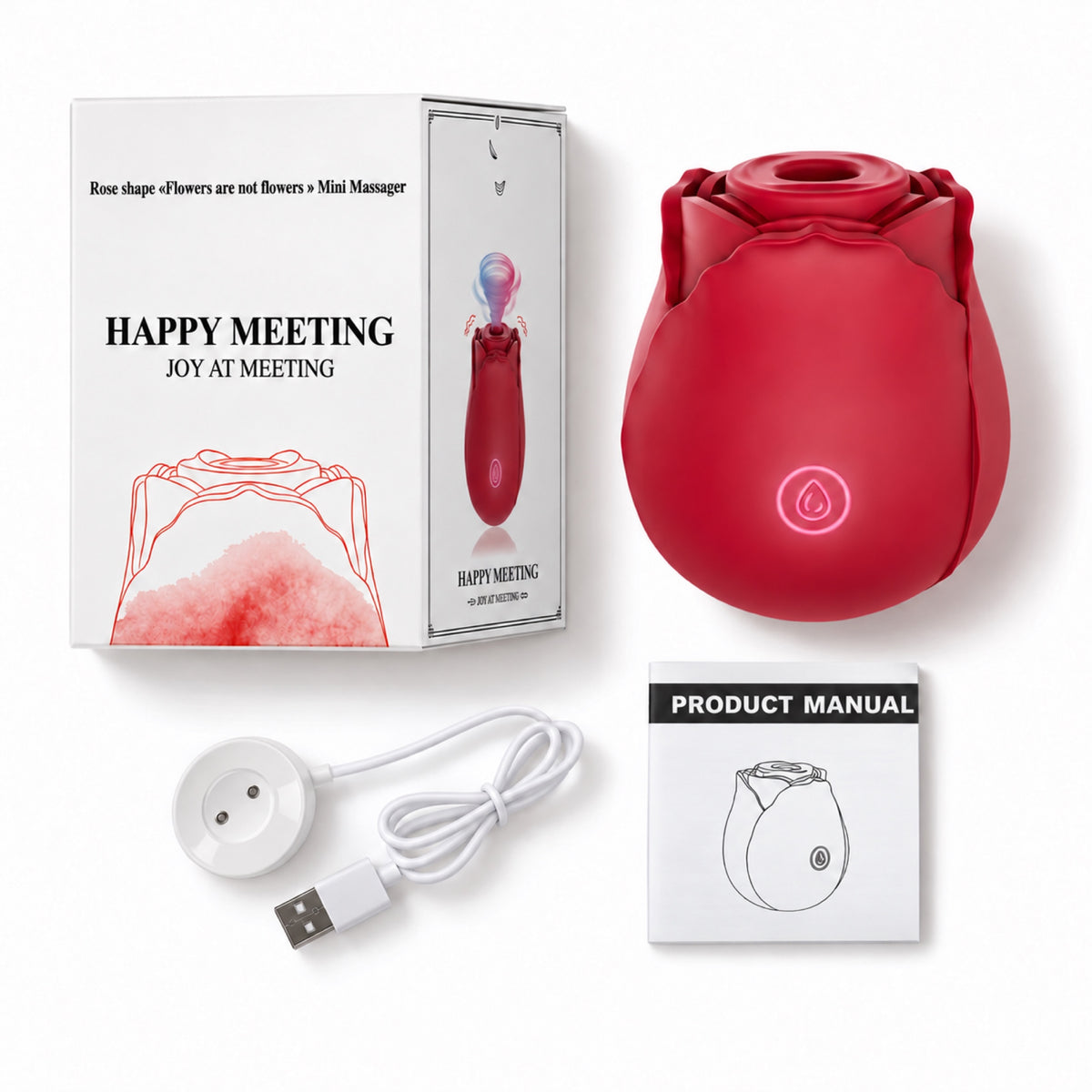 Package includes rose stimulator, USB charging cable, manual and box